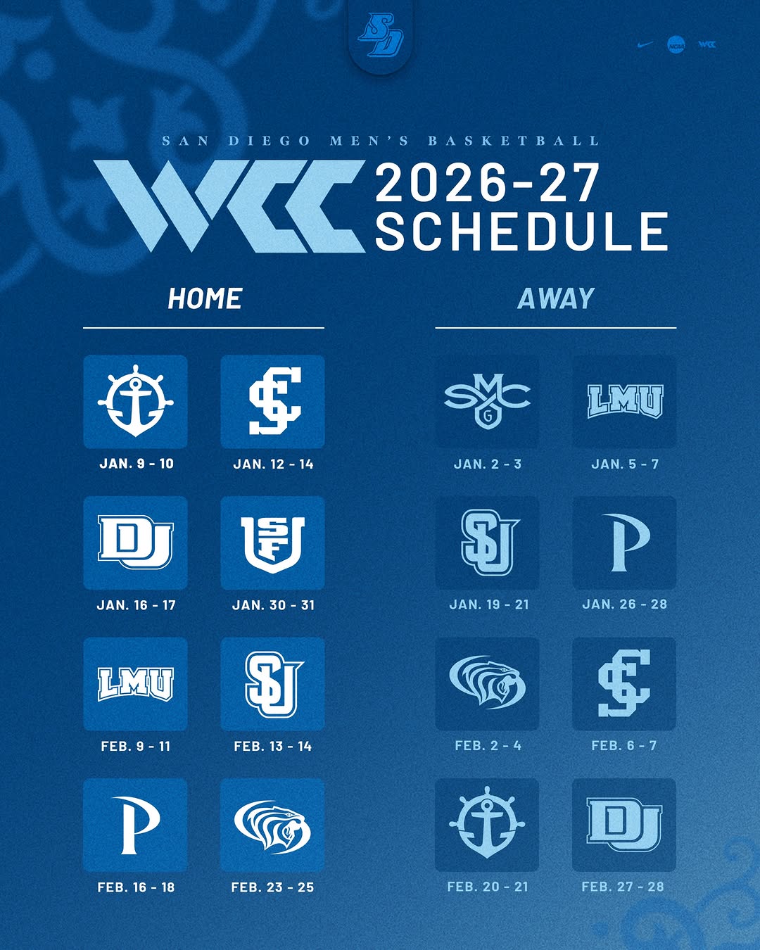 San Diego men's basketball 2026-27 WCC conference schedule